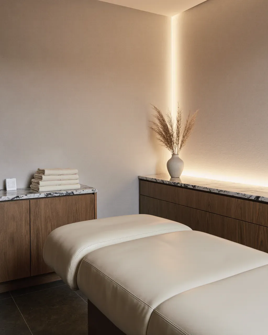 Calm treatment room with a cream treatment bed