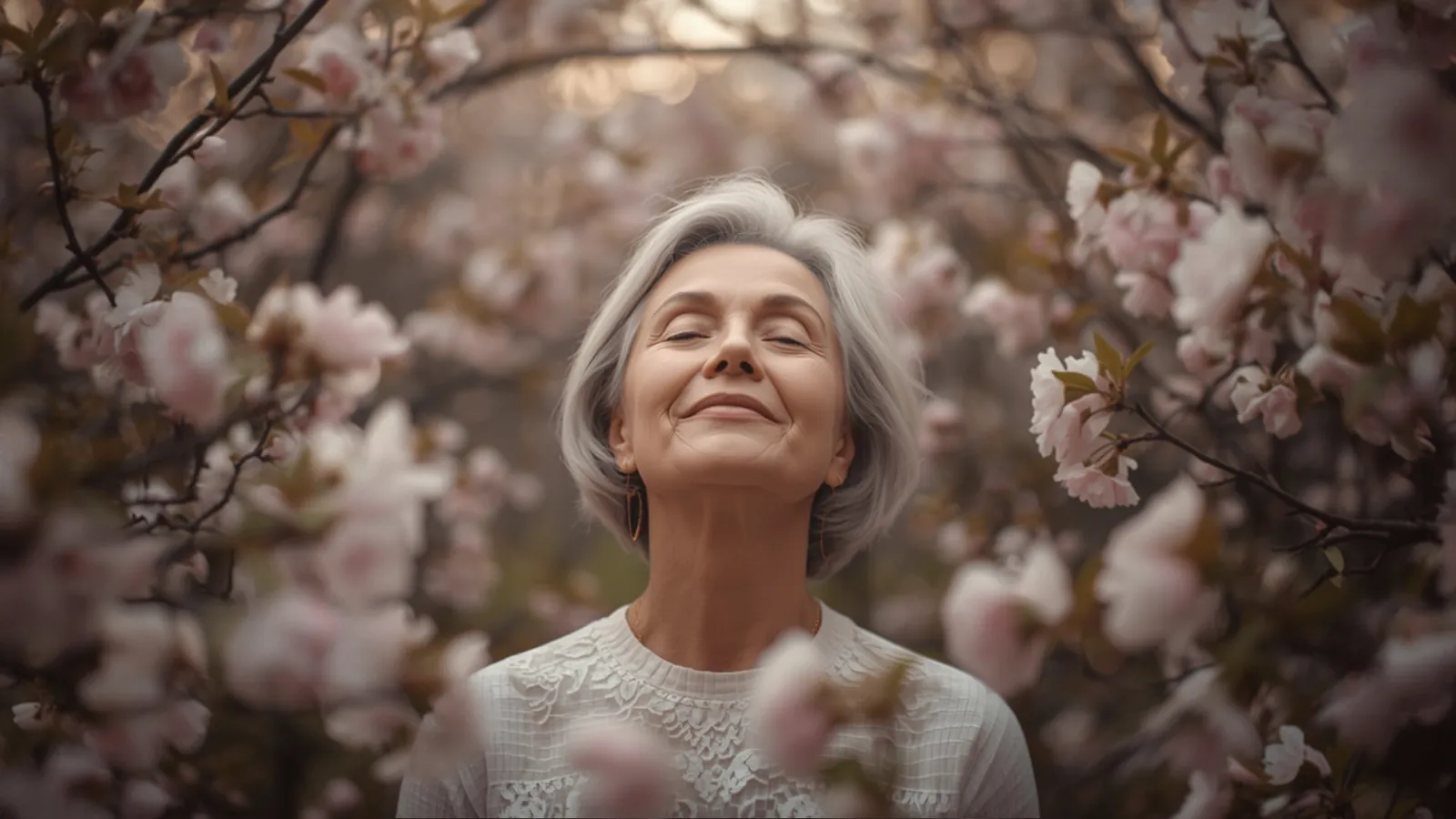 Woman breathing fresh air in a blossoming spring garden