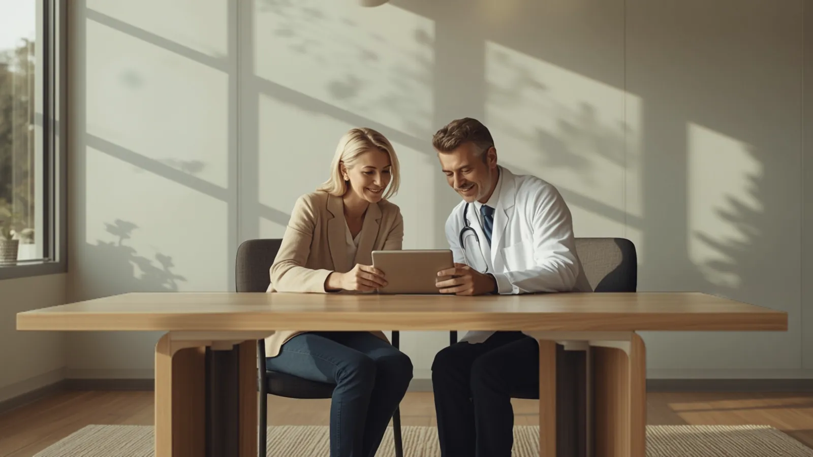 Physician reviewing health results with a patient on a tablet