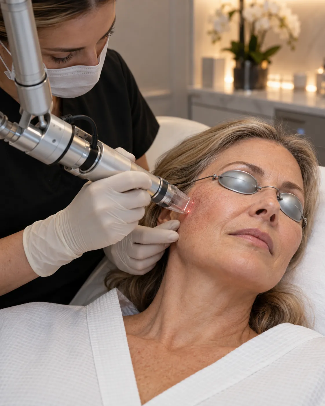Woman with protective eye shields receiving a laser skin resurfacing treatment