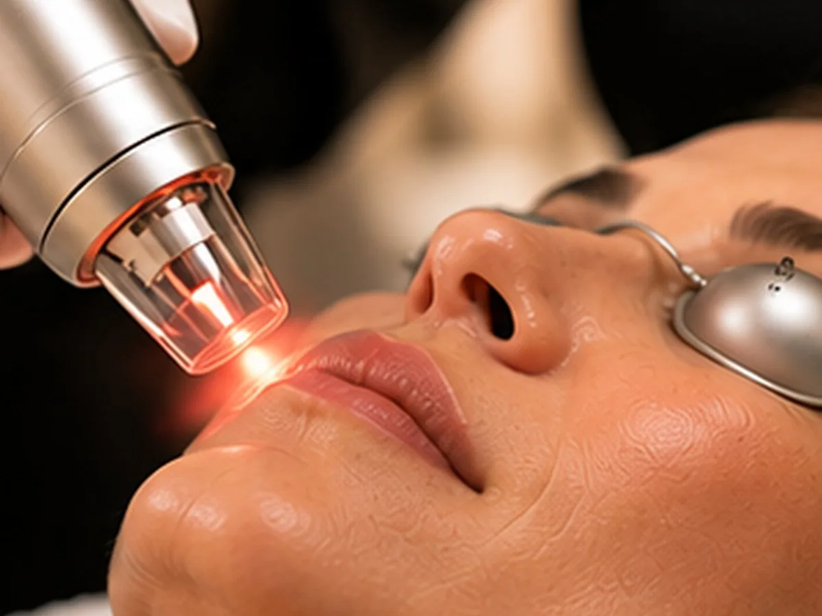 Laser handpiece treating the skin above a woman’s lip