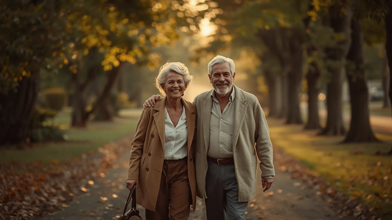 Couple in their fifties laughing on an autumn walk