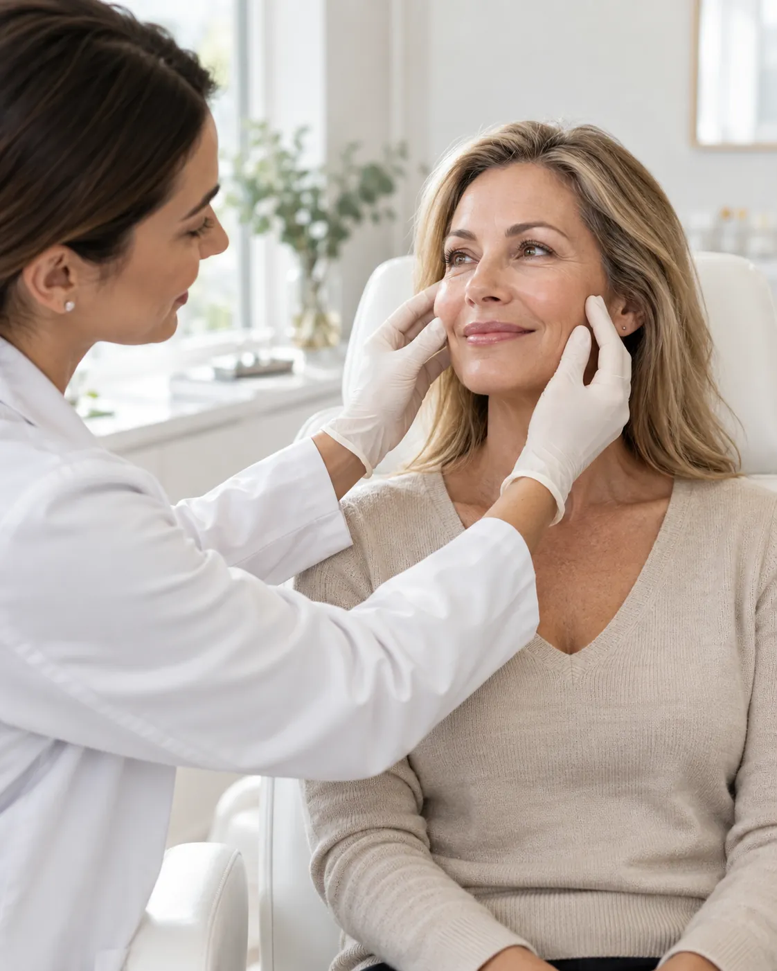 Clinician gently assessing the cheekbones of a smiling woman in her fifties