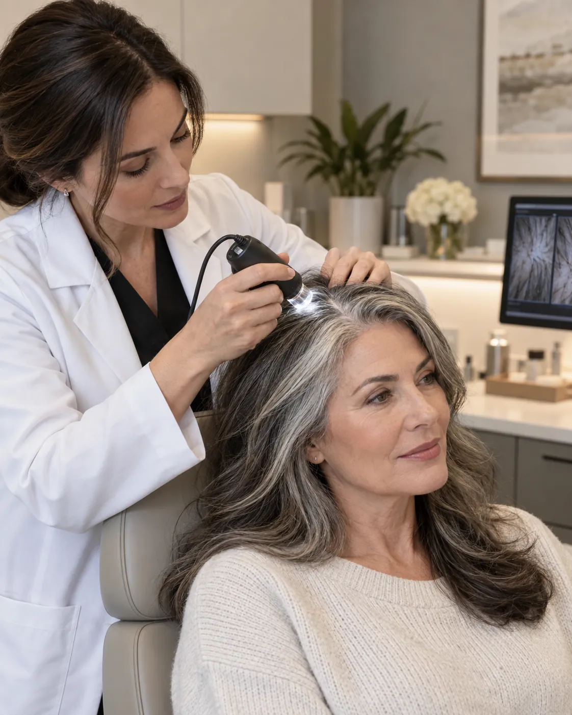 Clinician examining a woman’s scalp