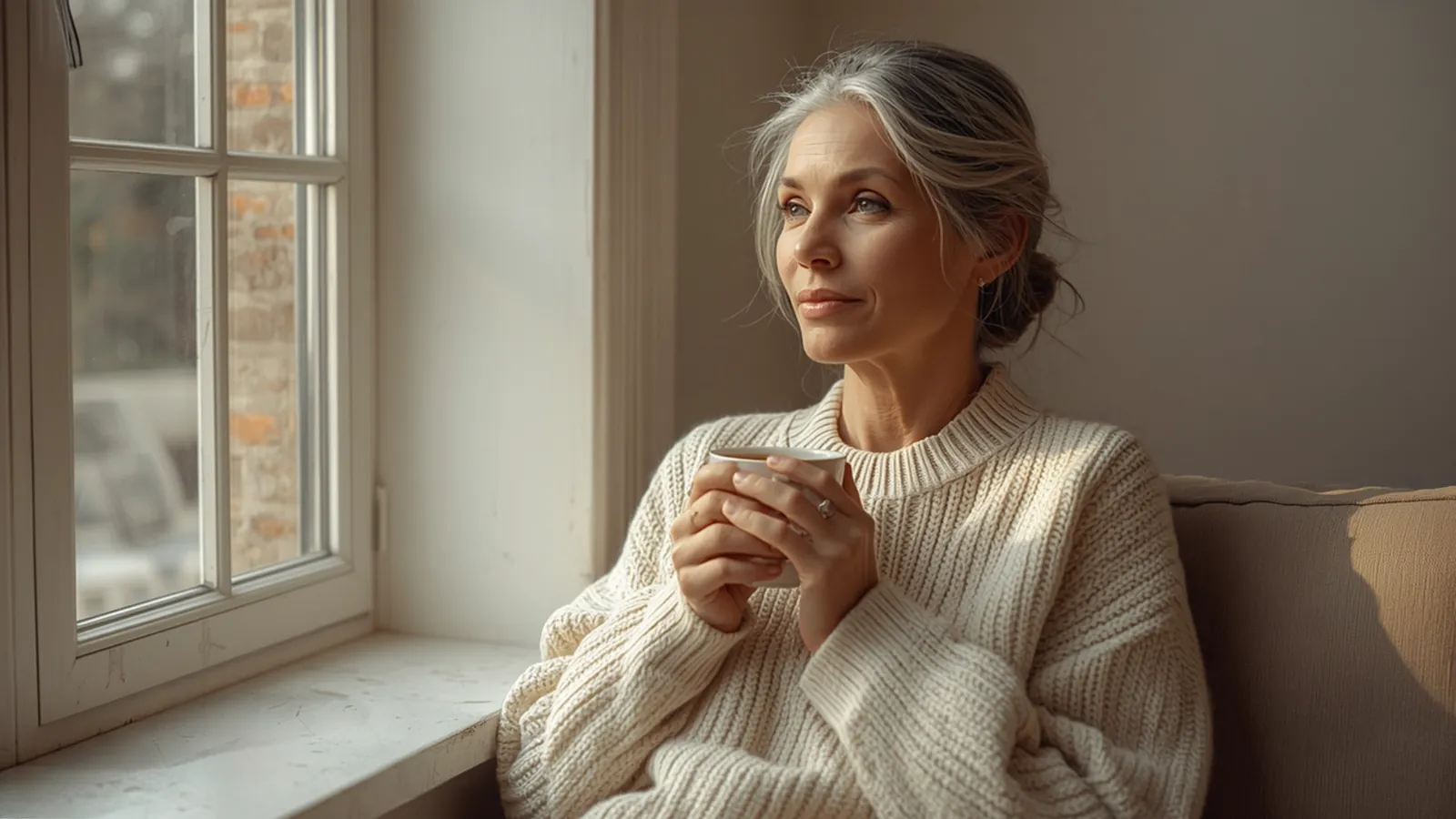 Relaxed woman with tea by a sunlit window