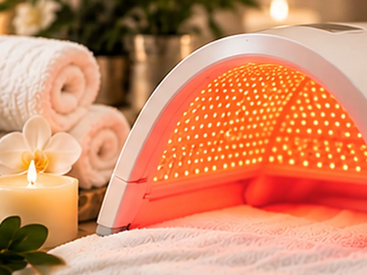 Red LED light therapy dome over a treatment bed