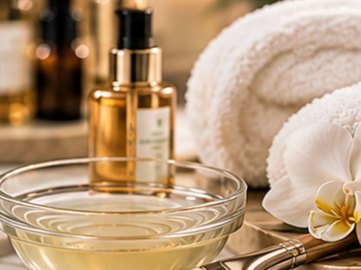Glass bowl of peel solution beside a gold serum bottle and white towels