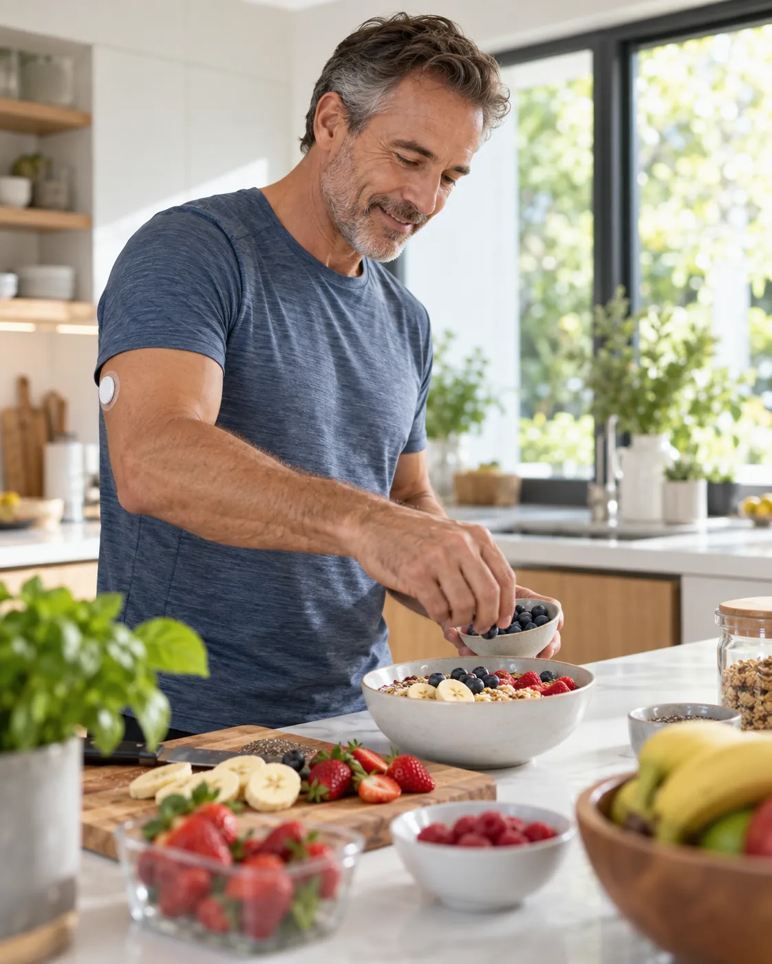 Man in his fifties preparing a healthy breakfast in a bright kitchen