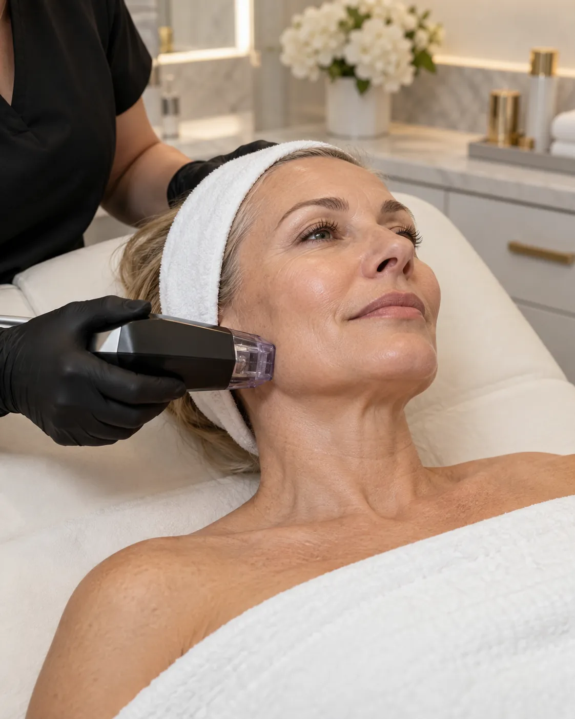 Woman in her fifties relaxing during a radiofrequency microneedling treatment along her jawline