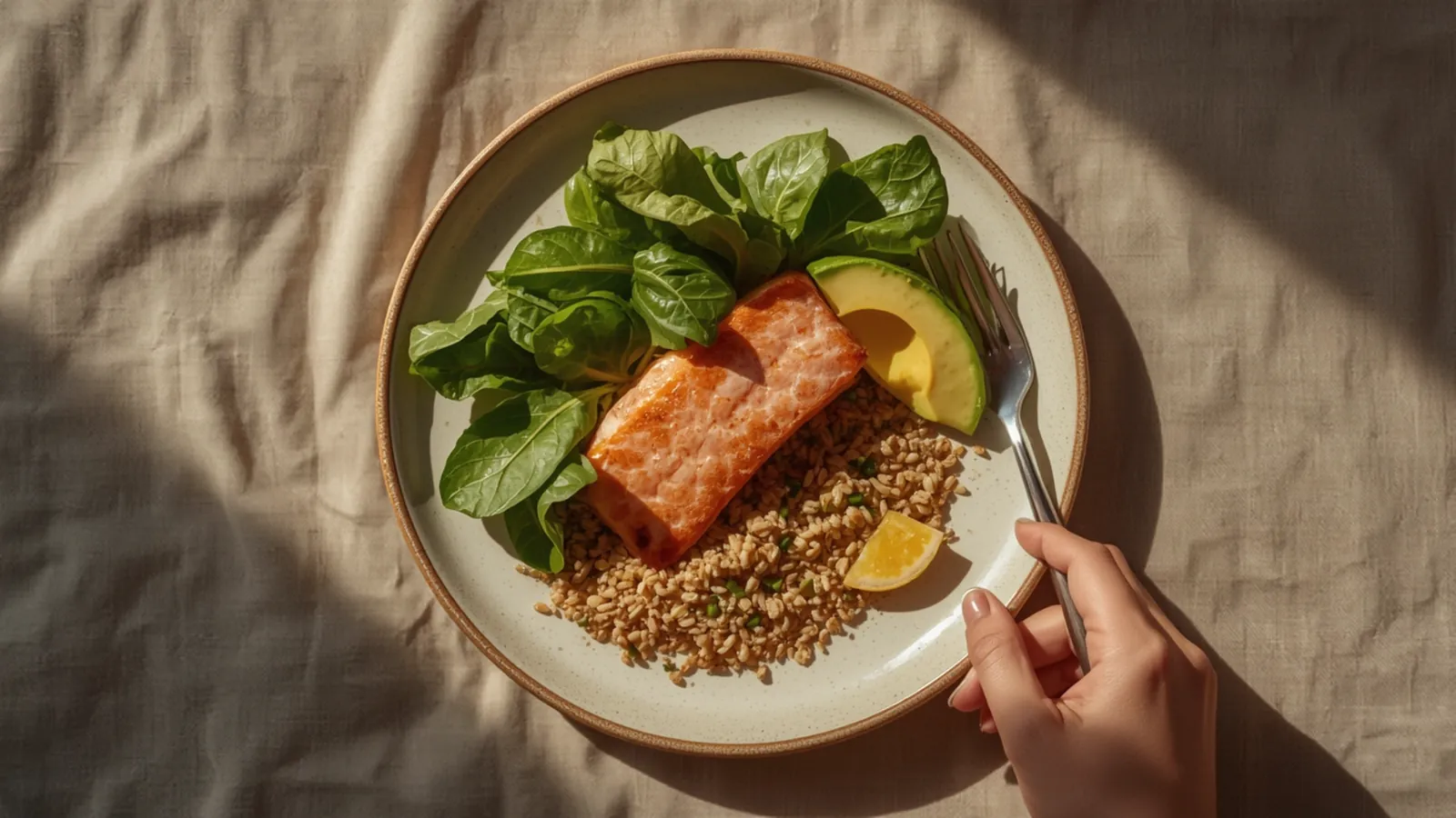 Healthy salmon and greens lunch on a ceramic plate