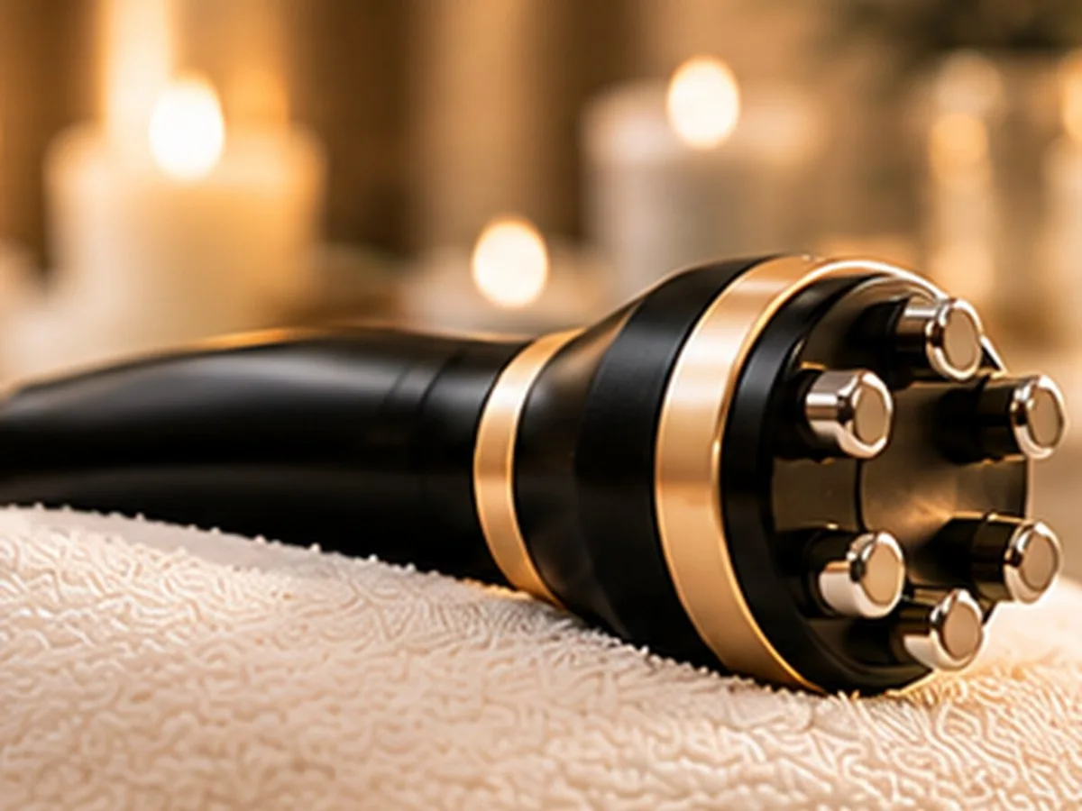 Radiofrequency handpiece resting on a towel in a candlelit treatment room