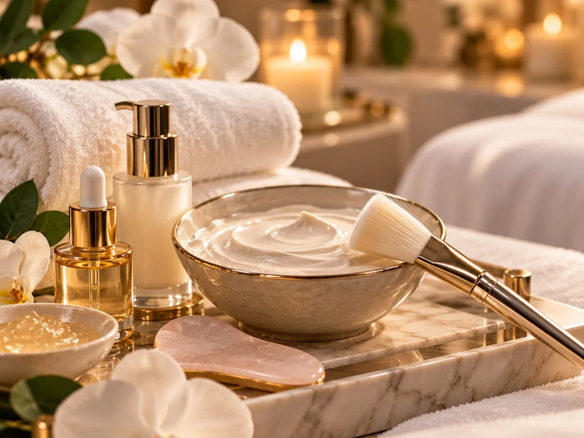 Facial mask in a marble bowl with a brush, serums, and rolled white towels