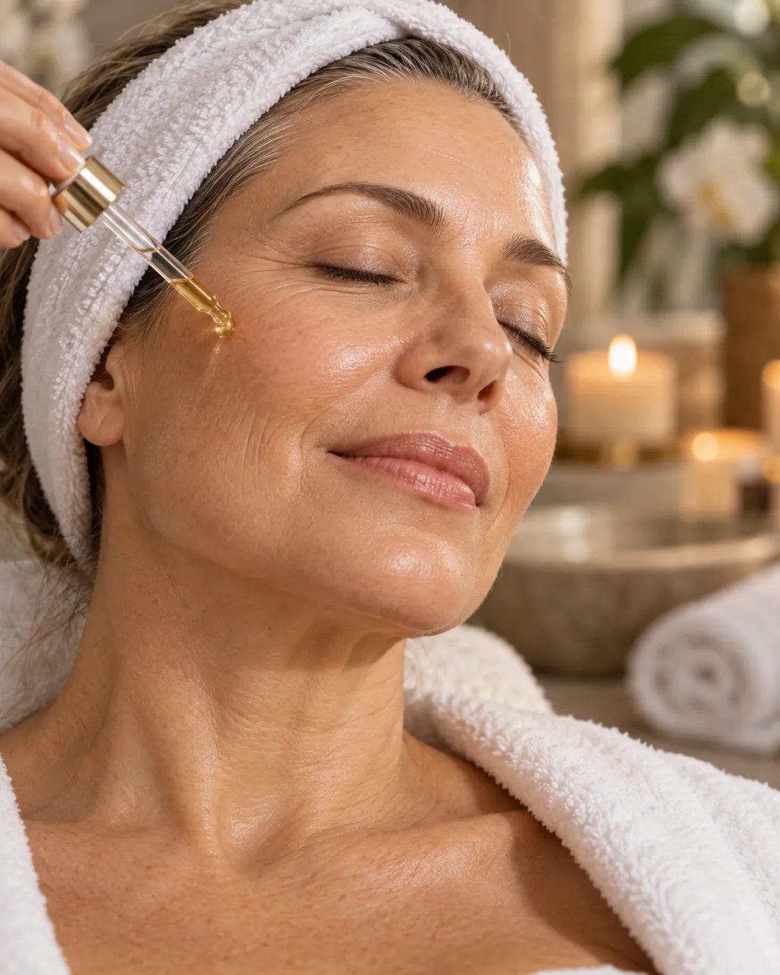 Woman in her fifties with glowing skin receiving a serum during a facial